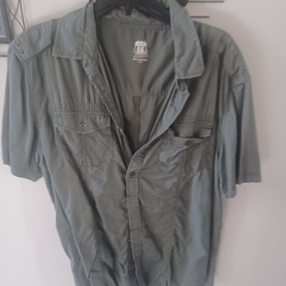 Route 66 Army Green Short Sleeve Button down Collared Shirt w/Pockets Large - Picture 1 of 4